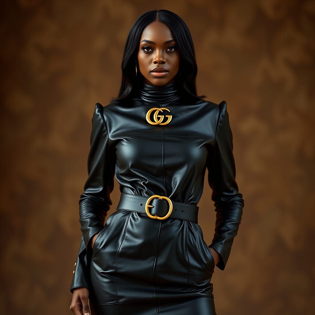 Elegant Black Woman in GUCCI Leather Outfit