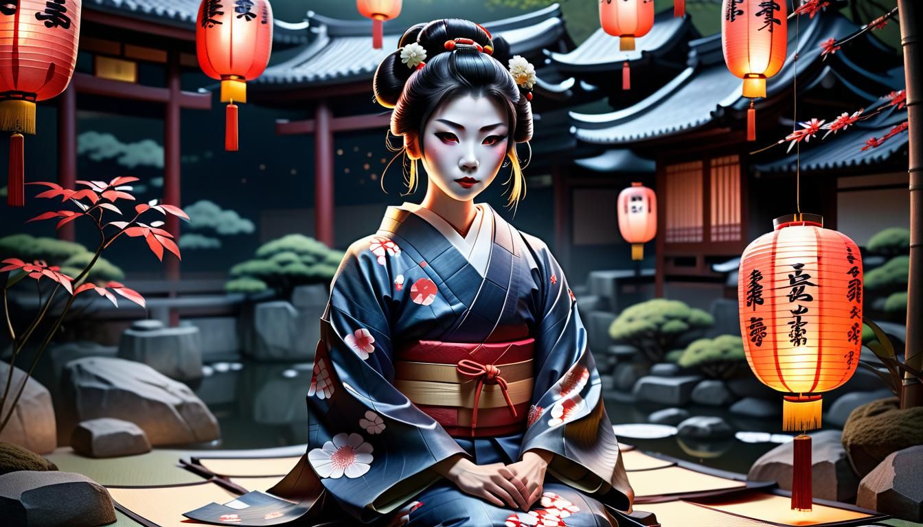 Yakuza Geisha in Japanese Garden: Anime Watercolor