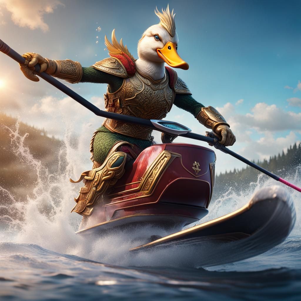 Warrior Duck Water Skiing in Detailed Digital Art