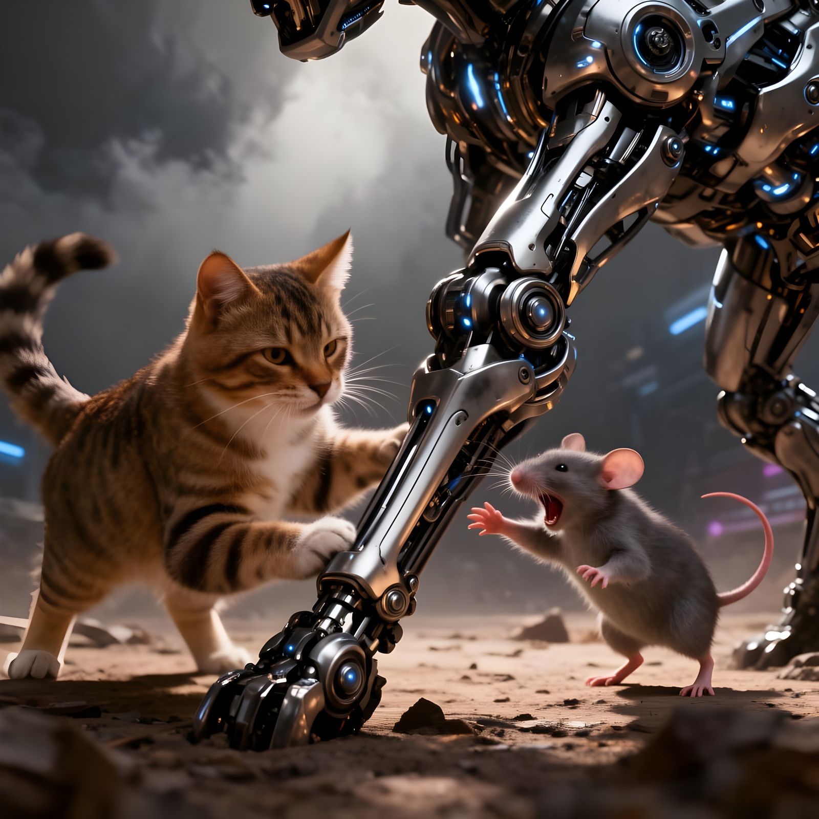 Cat and Mouse Fight Over Dog's Third Leg in Sci-Fi Style