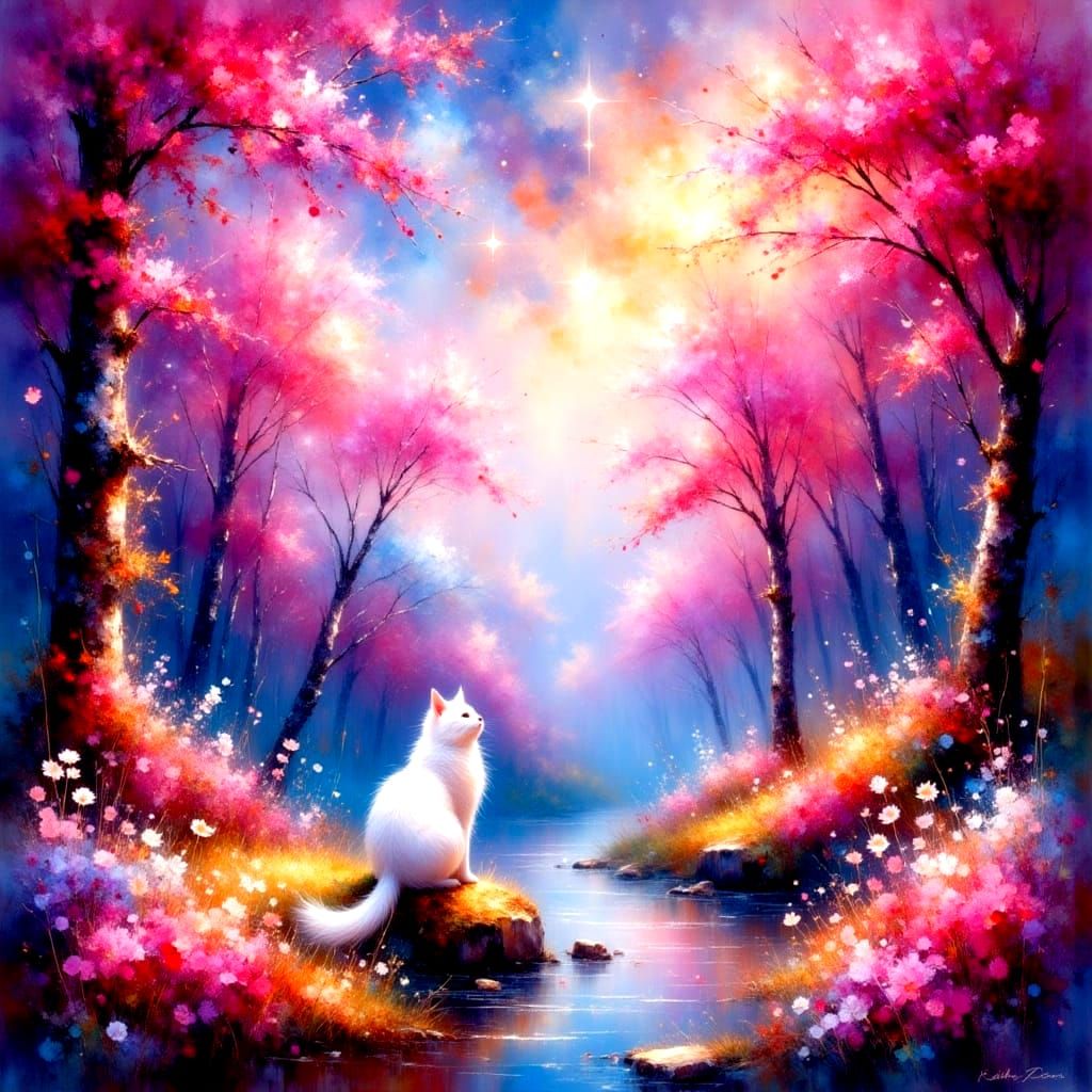 Whimsical Pink Garden Scene with Bird, Cat, and Celestial El...