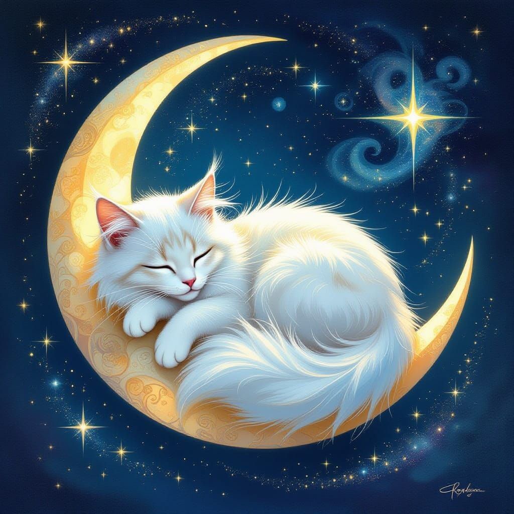 Mystical Cat on Moon with Cosmic Background