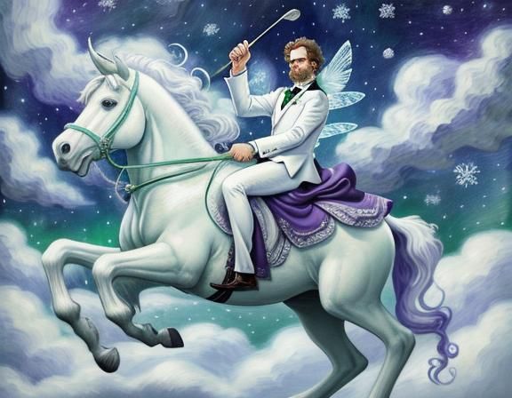 Rainn Wilson Fairy Riding Unicorn in Cartoon Sky