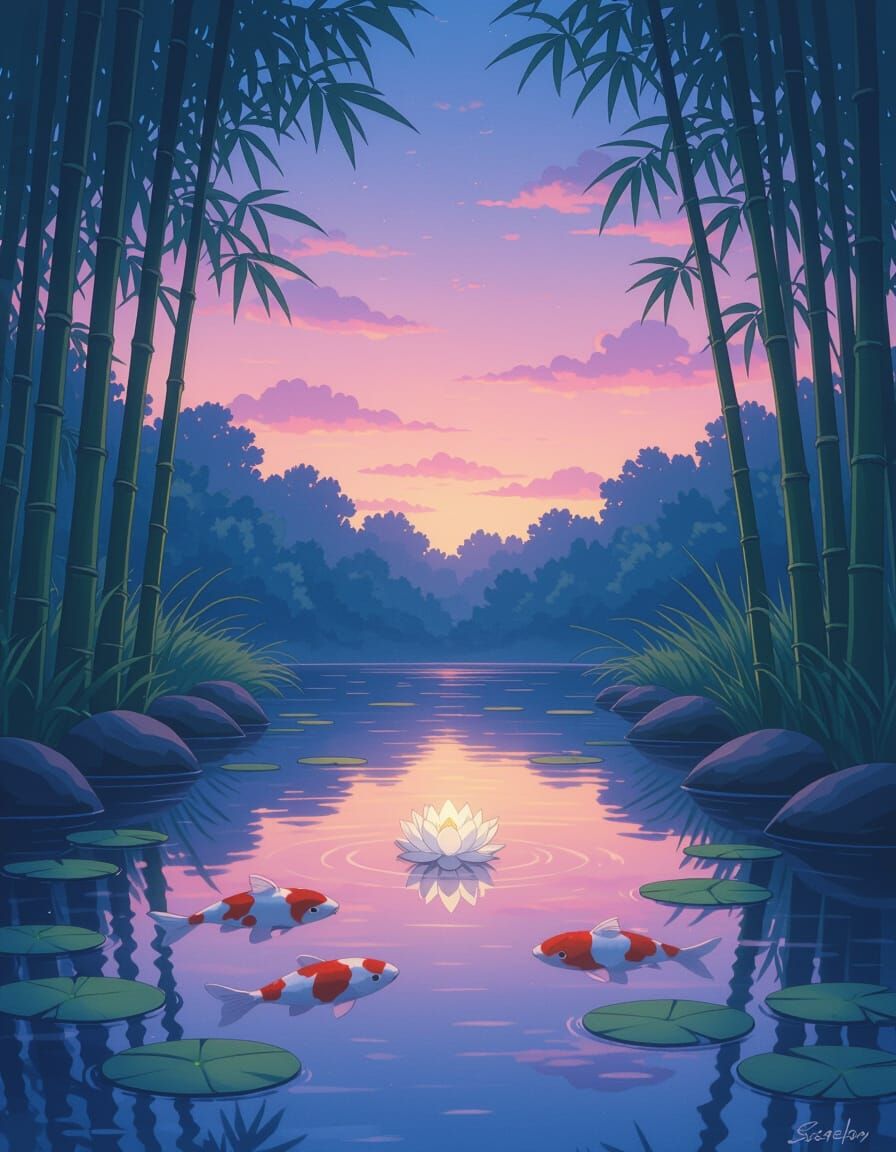 Twilight Koi Pond in Anime Style