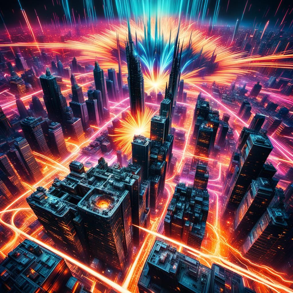 Futuristic City Engulfed in Chaotic Glitch Art Explosion