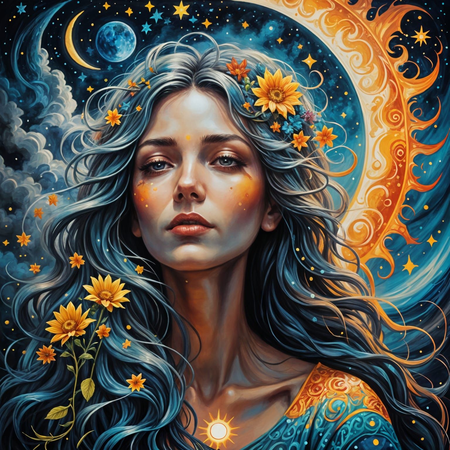 Woman Embracing Duality: Sun, Moon, Light, and Dark