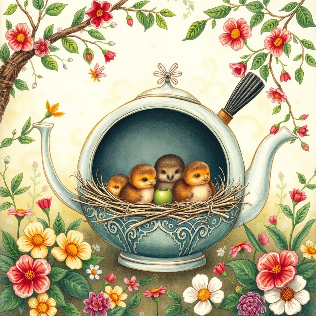 Whimsical Robin Feeds Chicks in Teapot Nest