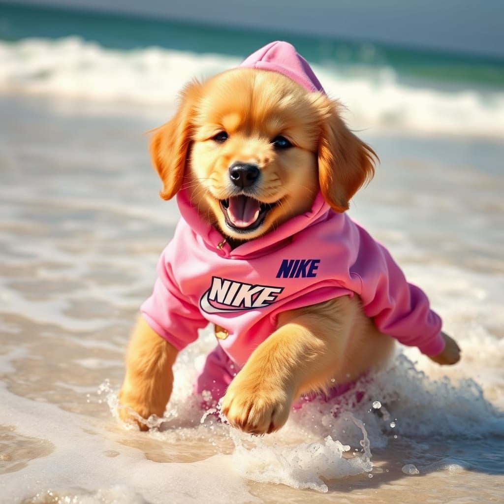 Joyful Golden Retriever Puppy Surfs at Sunny Beach