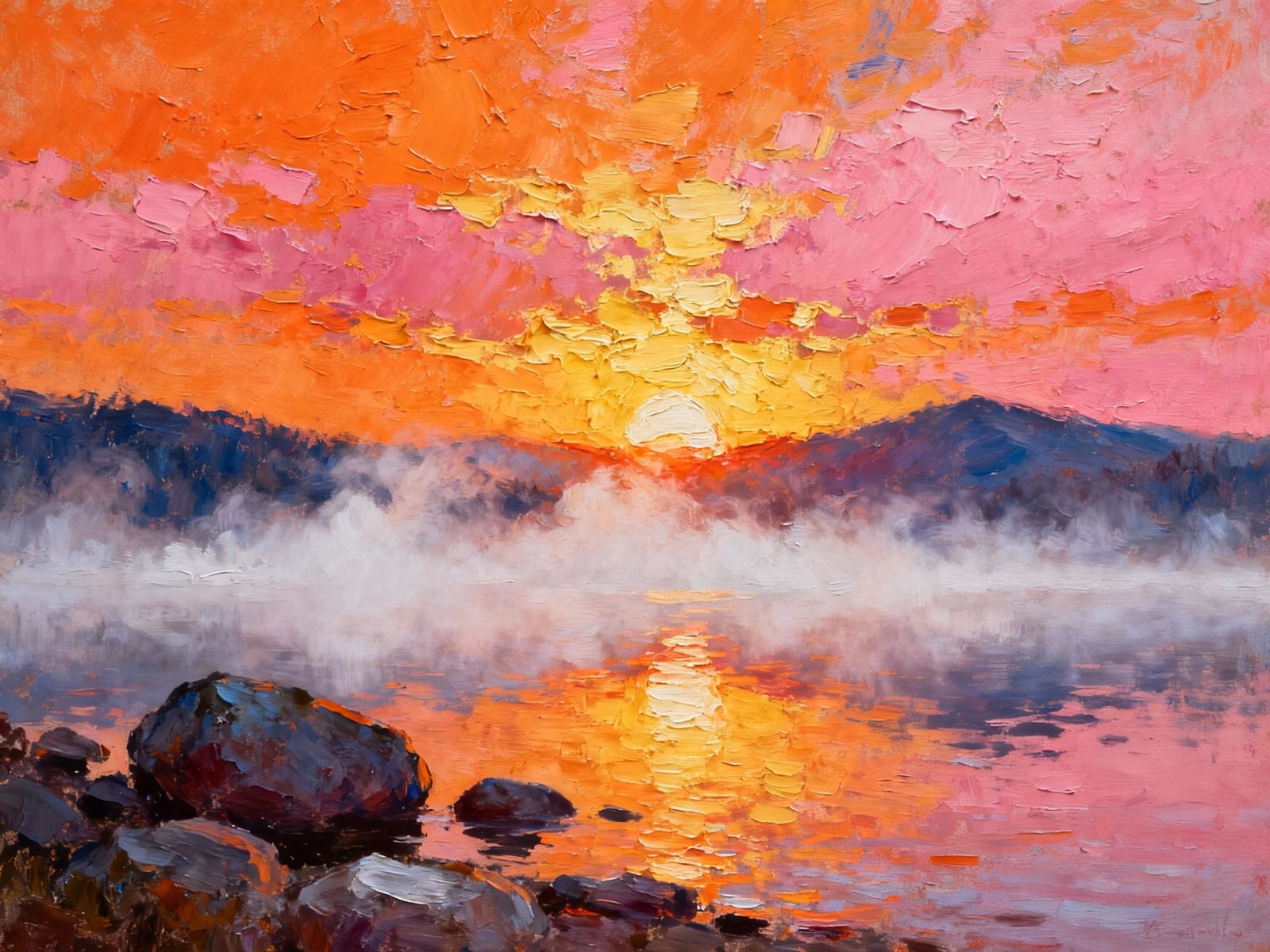 Impasto Sunrise Over Misty Lake