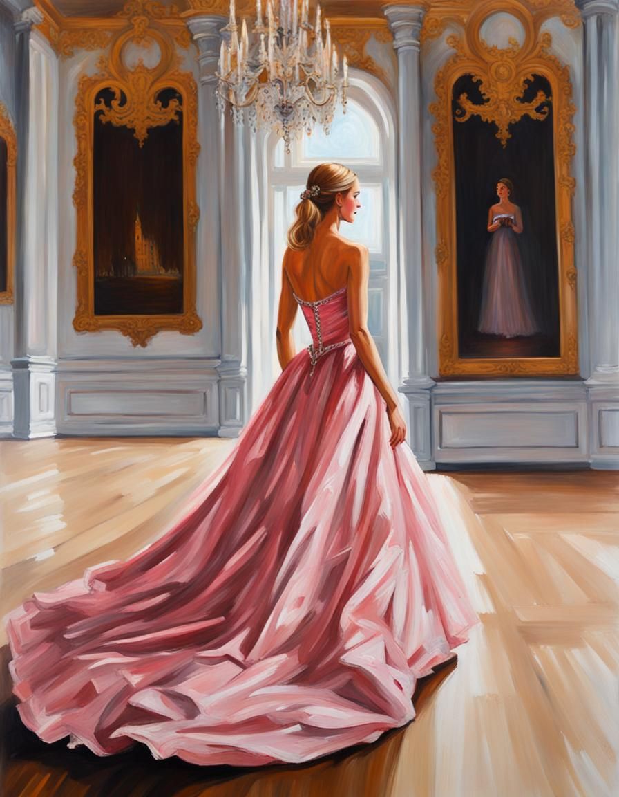 Girl in Ball Gown in Royal Palace: Acrylic Painting