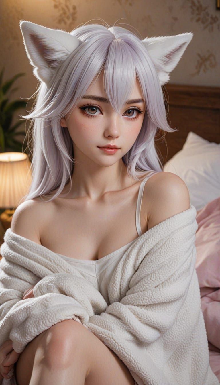 Anime Fox Girl with Violet Eyes in Cozy Bedroom