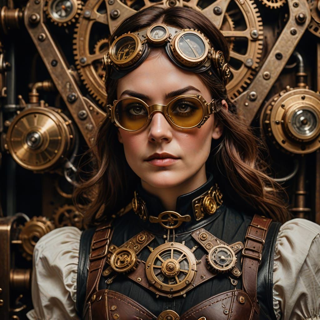 Steampunk Woman Portrait with Brass Gears and Goggles