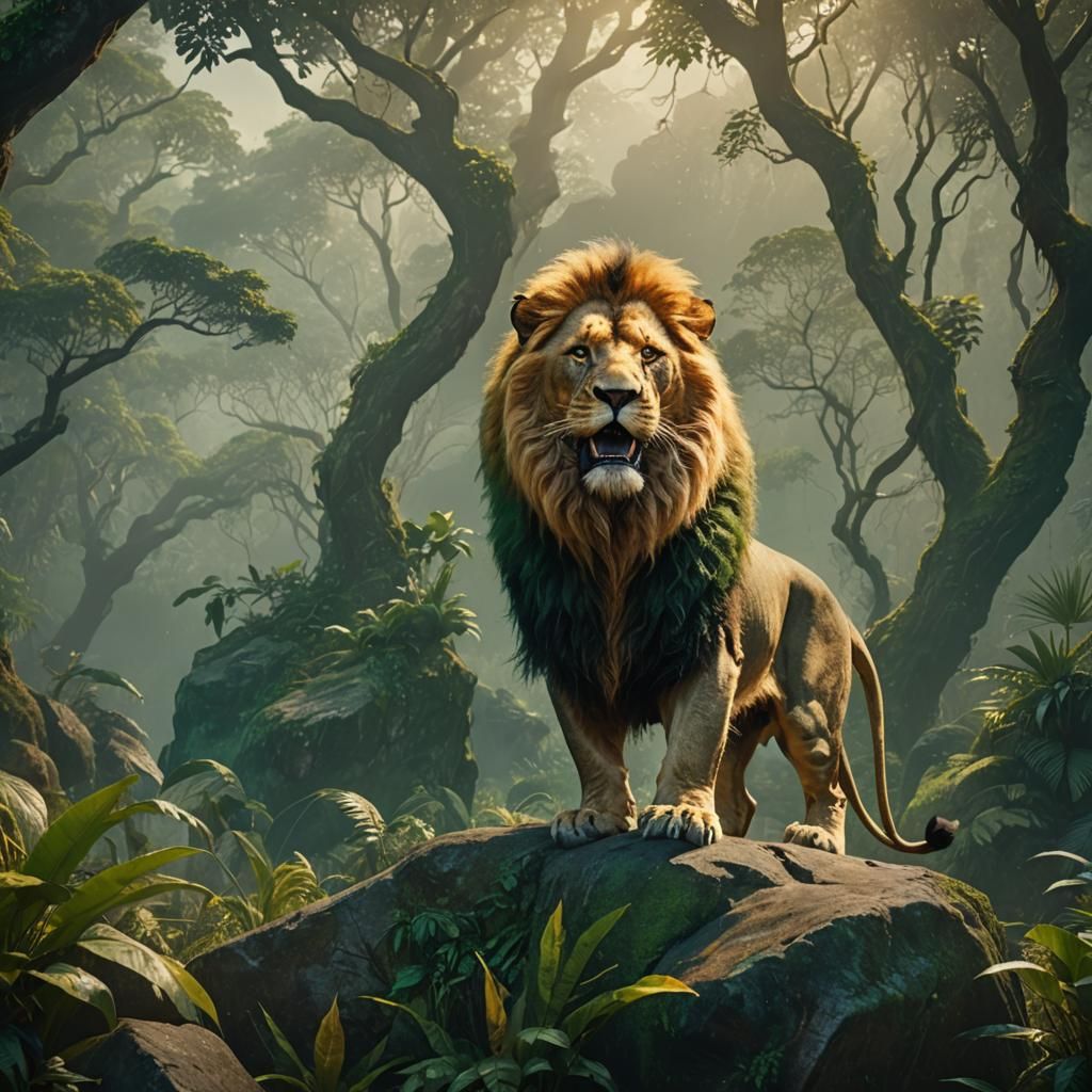 Lion Roaring in Misty Jungle: Epic Matte Painting