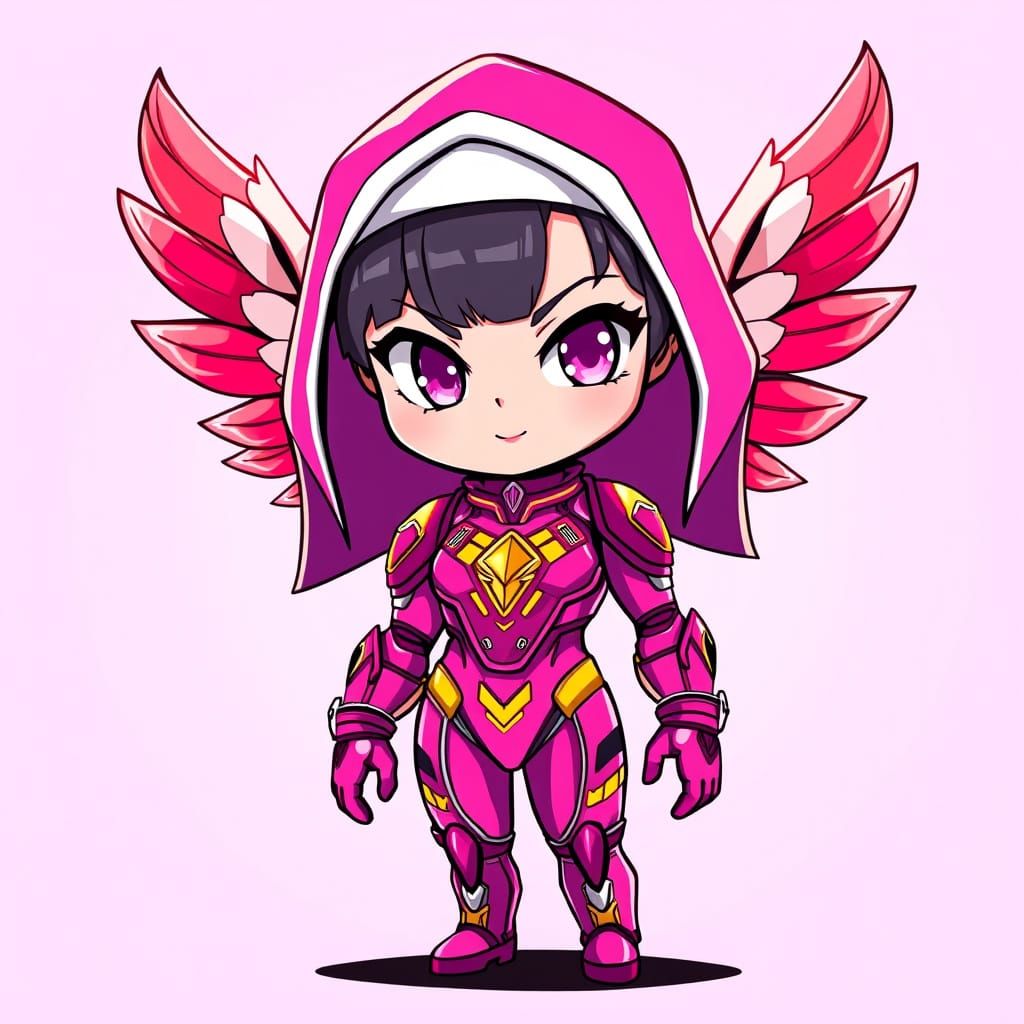 Stylized Chibi Nun in Futuristic Biotech Bodysuit