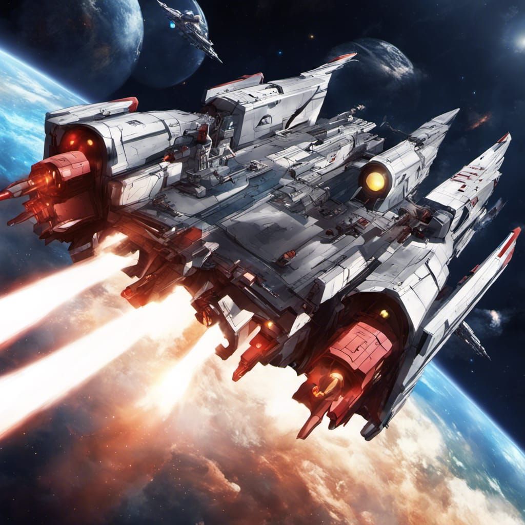 Space Frigate: N.S.S. Yakovenko. Slick, long, agile profile, two main turrets, bow railgun, Blue and white, single red s...