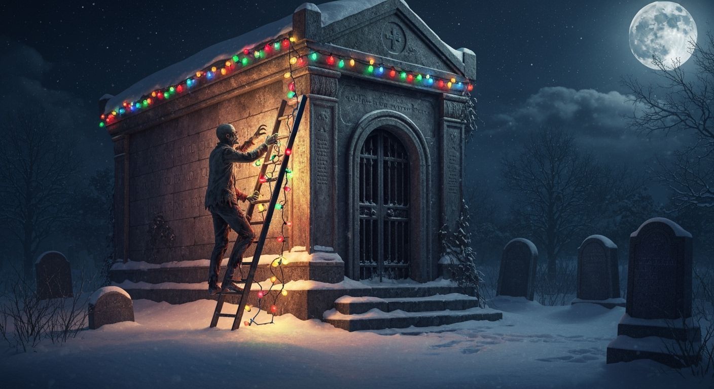 Zombie Decorates Mausoleum with Glowing Christmas Lights