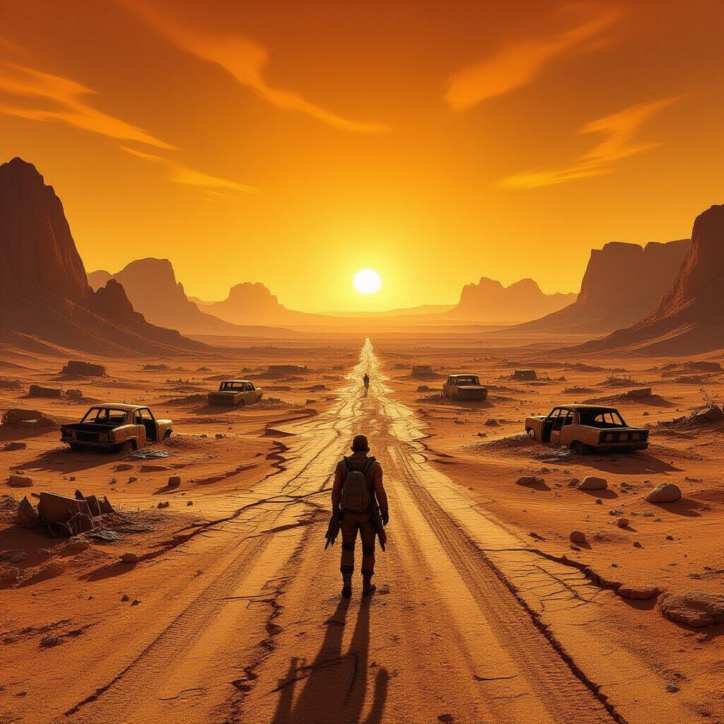 Post-Apocalyptic Wasteland Under Scorching Sky