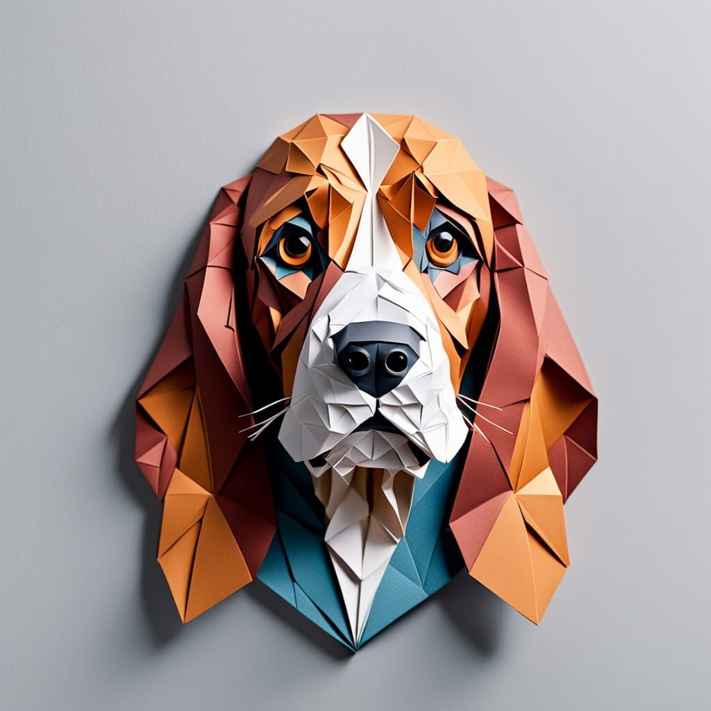 Origami Basset Hound Portrait with Quilled Muzzle