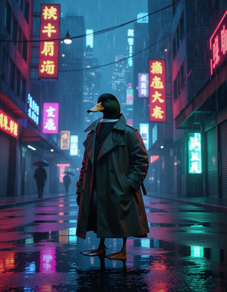 Noir Duck Detective in Cyberpunk Cityscape