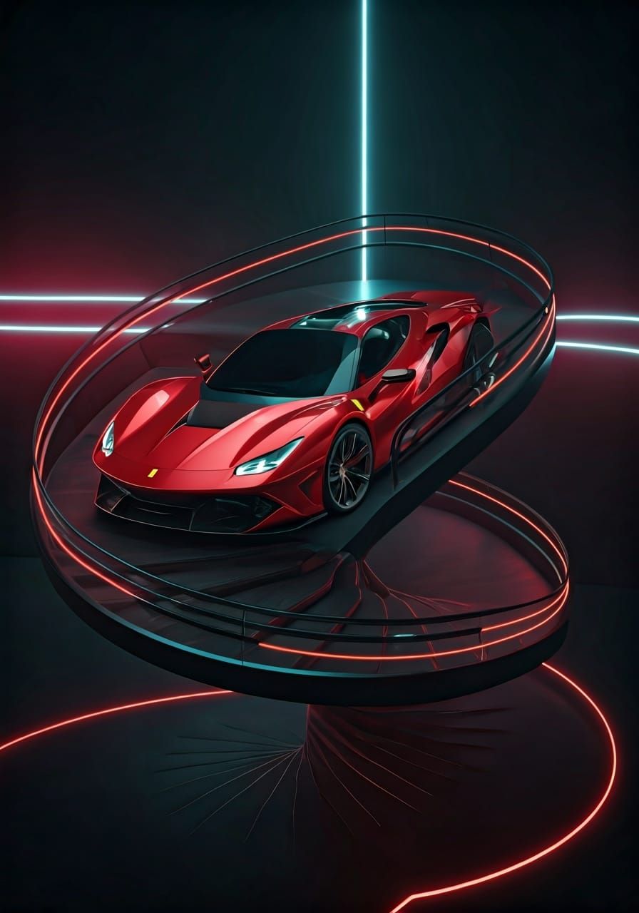 Futuristic Red Sports Car on Spiral Staircase