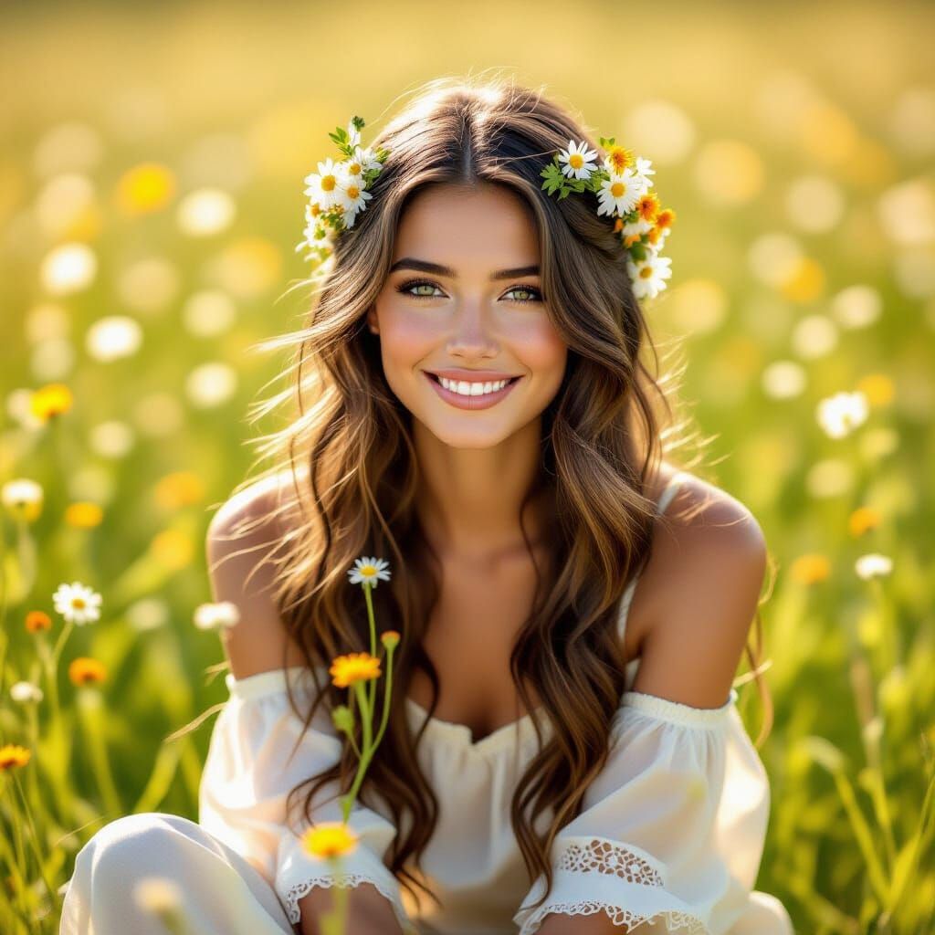 Sunlit Meadow Portrait in Hyper-Realistic Photography Style