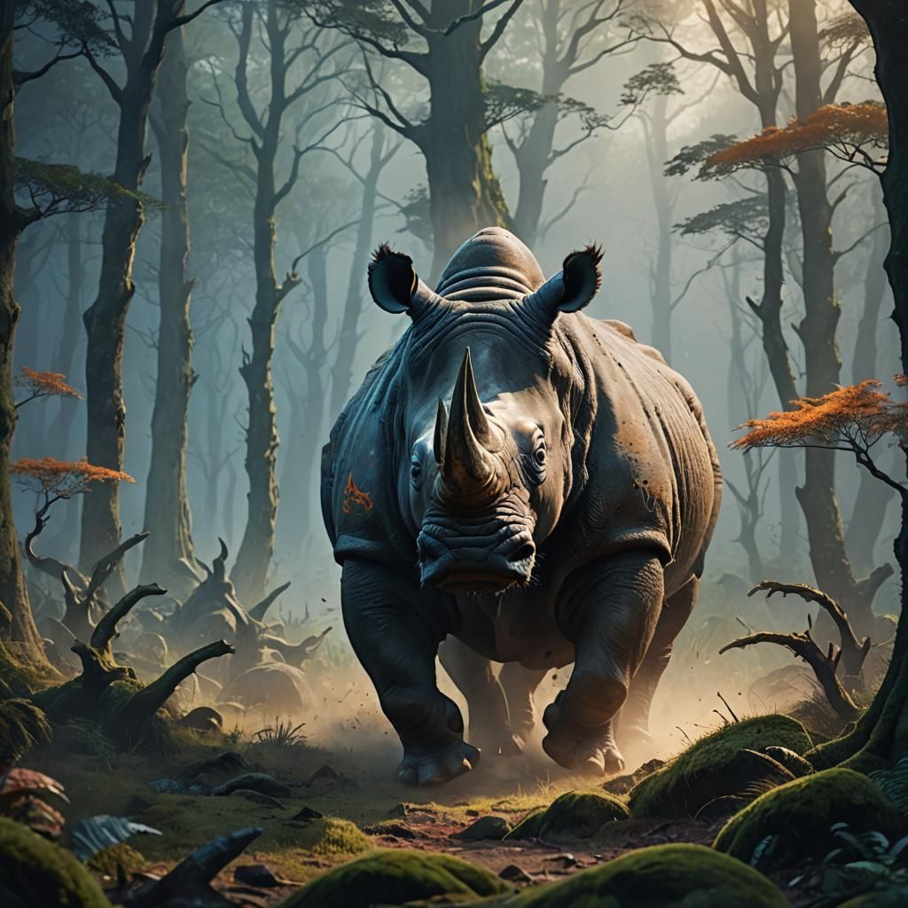 Raging Rhinoceros Charges in Misty Forest