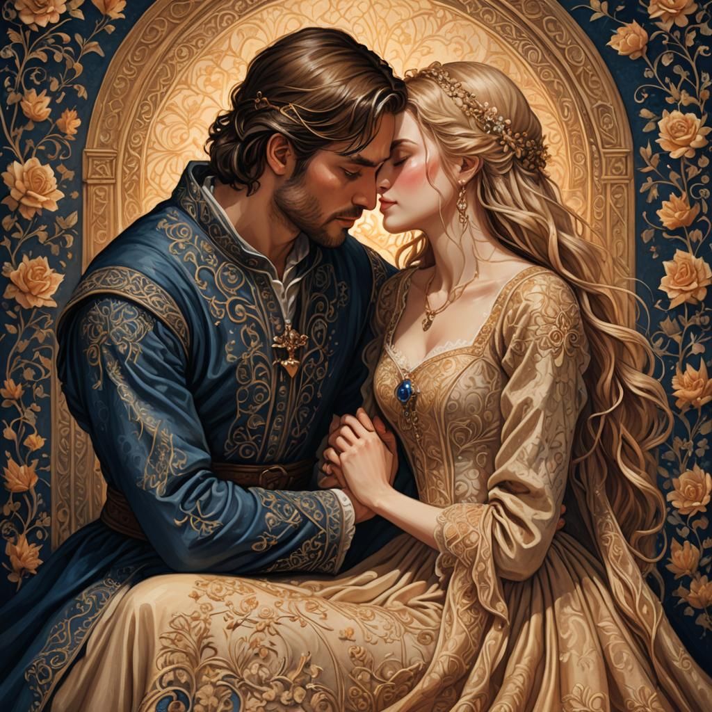 Romantic Medieval Couple in Candlelight, Oil Painting
