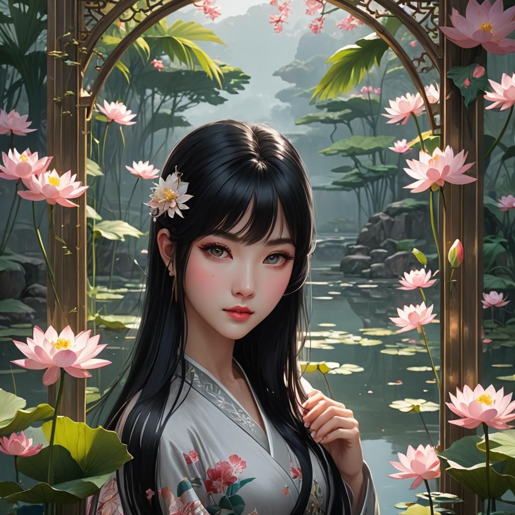 Girl in Ao Tac Surrounded by Lotus, in 3D Anime Art