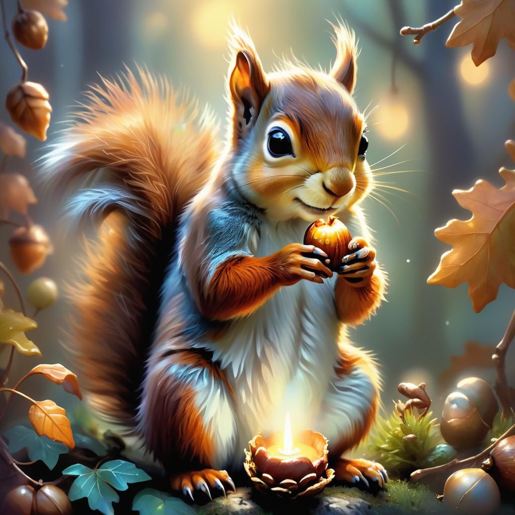 Squirrel with Glowing Acorn in Ethereal Fantasy Style