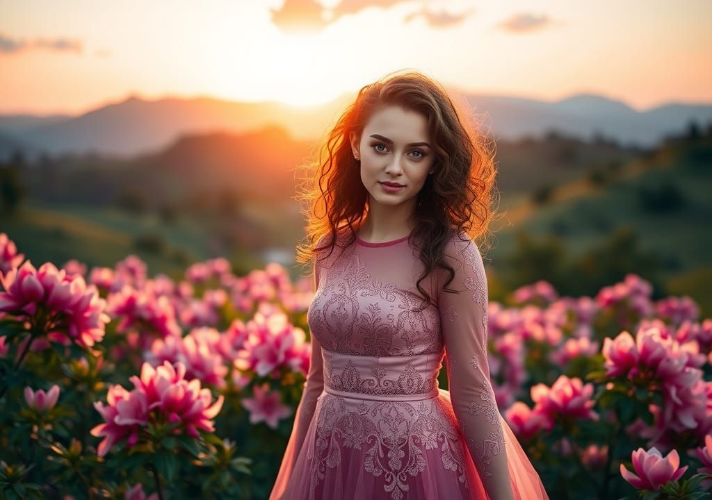 Woman in Pink Gown in Rhododendron Meadow