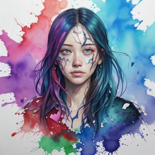 Shattered Heart in Watercolor Splash Art