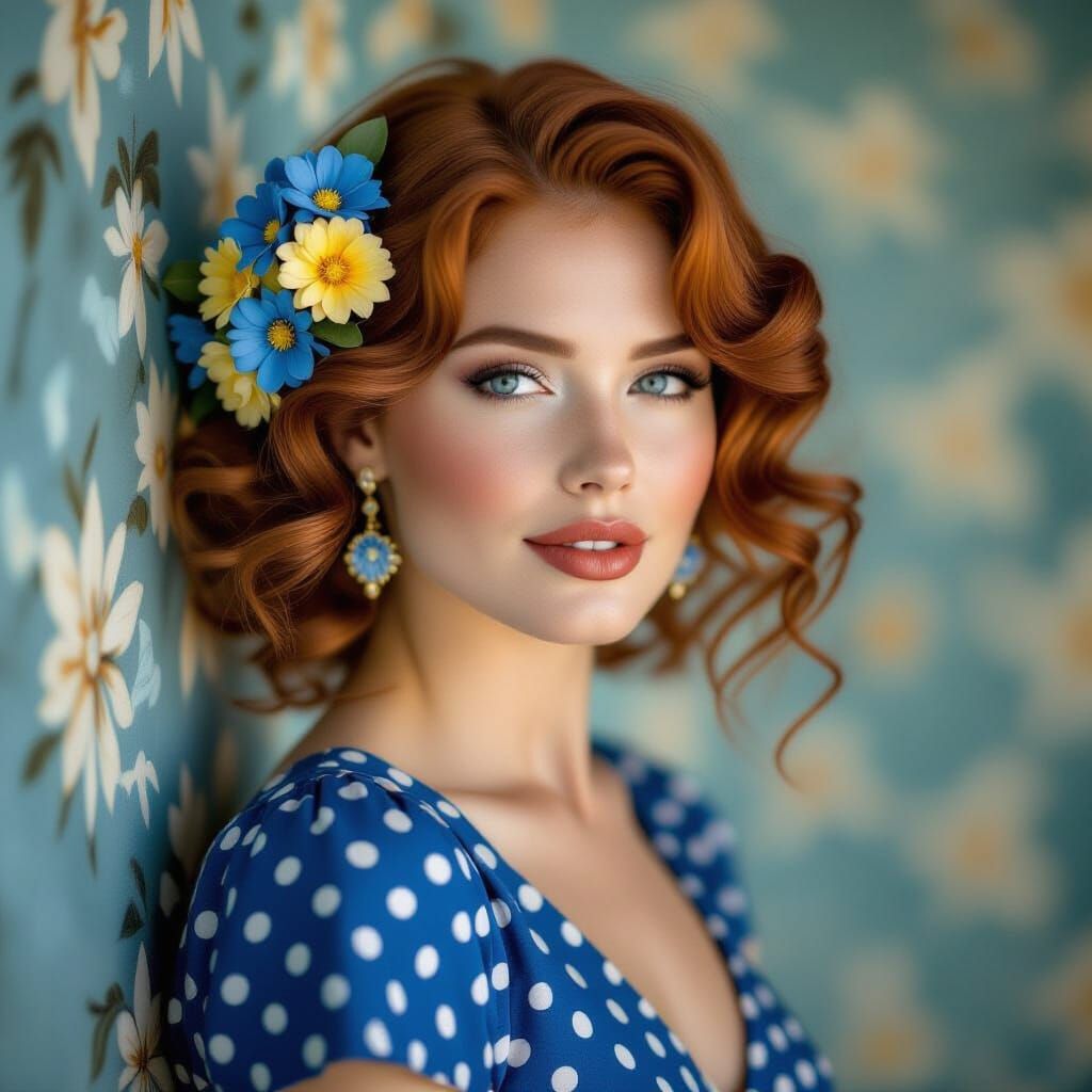 Elegant red-haired woman with glossy curls, wearing a blue p...