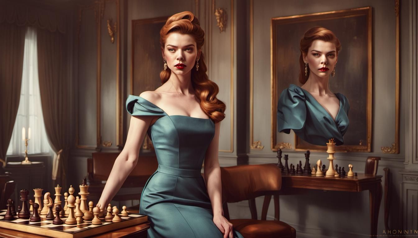 full body, Actress Anya Taylor Joy, auburn hair, chess pieces, mid 1950 style clothes, classy room with wooden decoratio...