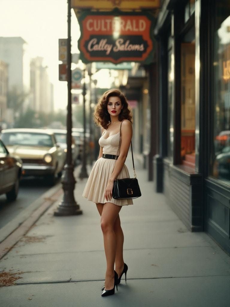 1970s Americana: Woman on City Sidewalk in Soft Focus