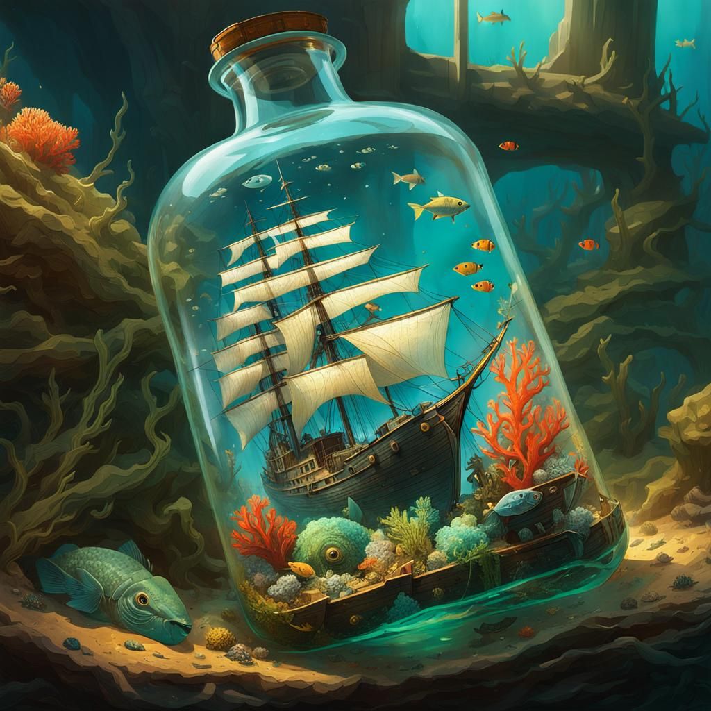 Shipwreck in a Bottle: Detailed Fantasy Art