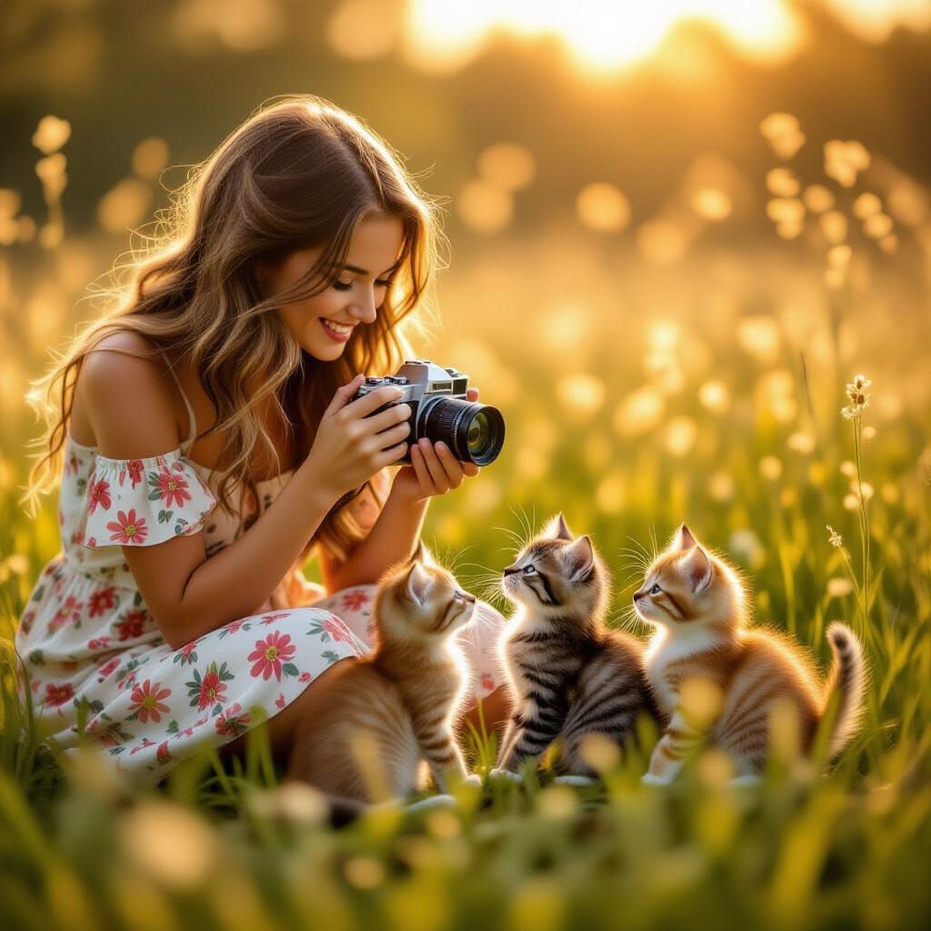 Young Woman Photographs Kittens in Golden Hour Meadow
