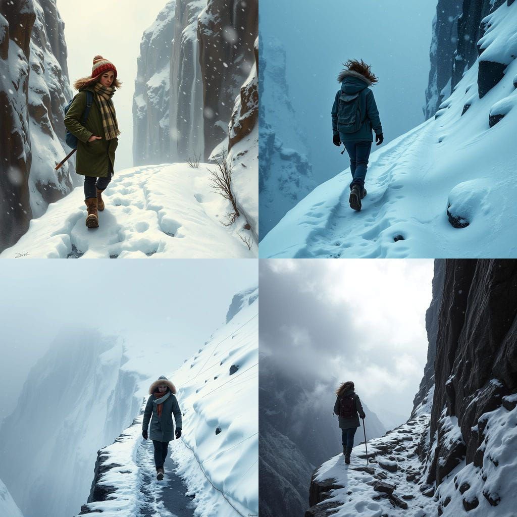 Teenage Boy Walks Cliffside Path in Harsh Winter Storm