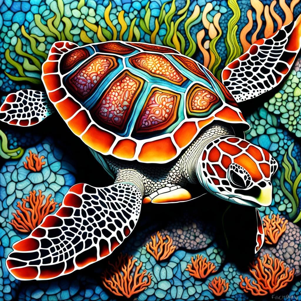 Ornate 3D Zentangle Hawksbill Turtle Over Coral Reef