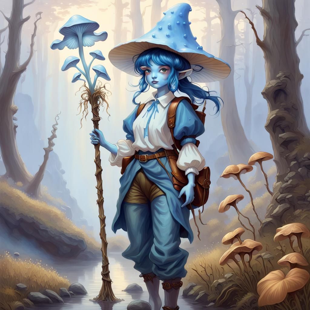 Blue Mushroom Humanoid Traveler in Ethereal Landscape