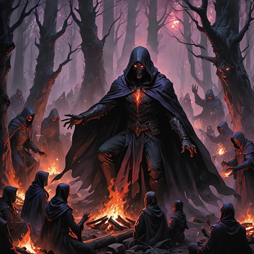 Dark Forest Entity Reaching for Campfire: Fantasy Art