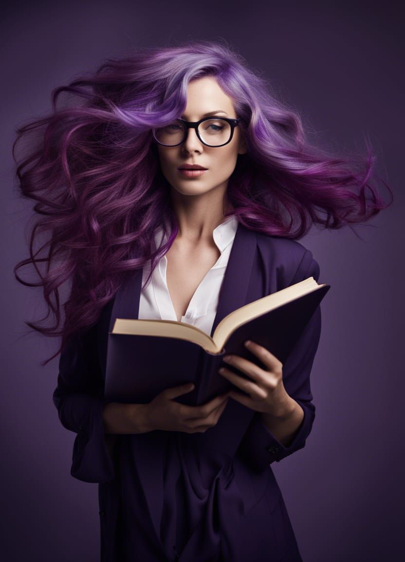 Purple-Haired Woman Reading a Book Portrait