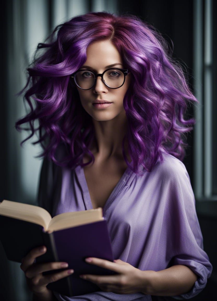 Woman with Purple Hair Reading a Book