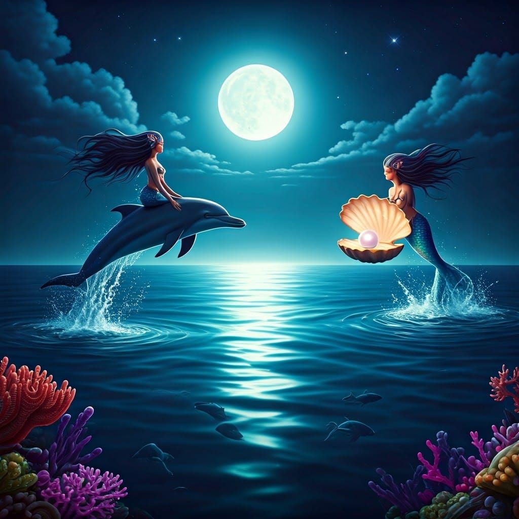 Mermaids Play Under Moonlit Ocean, Digital Painting
