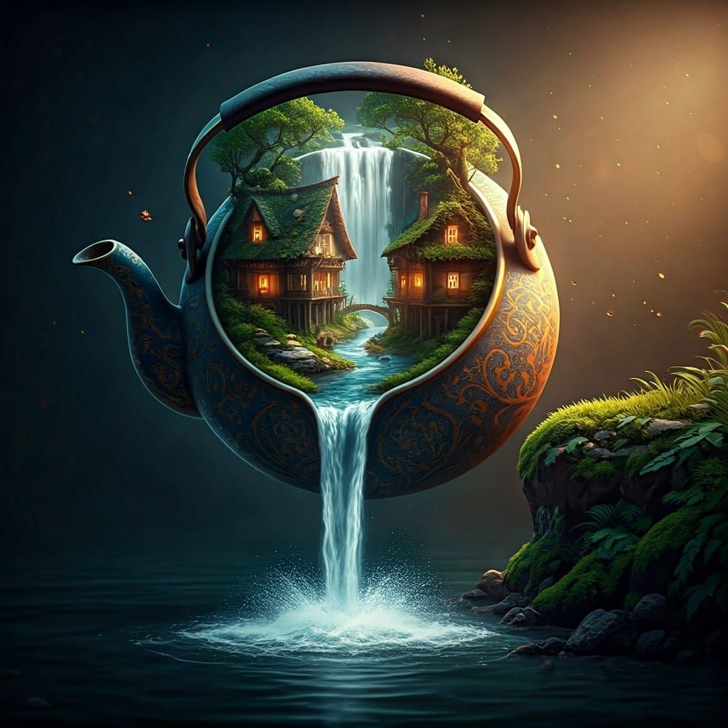 Village Inside Teapot: 3D Rendered Waterfall Scene