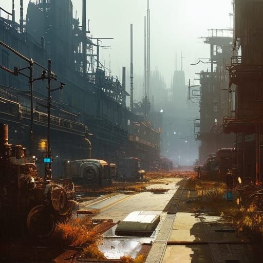 Dieselpunk Relics in Prairie Landscape, Ink Painting