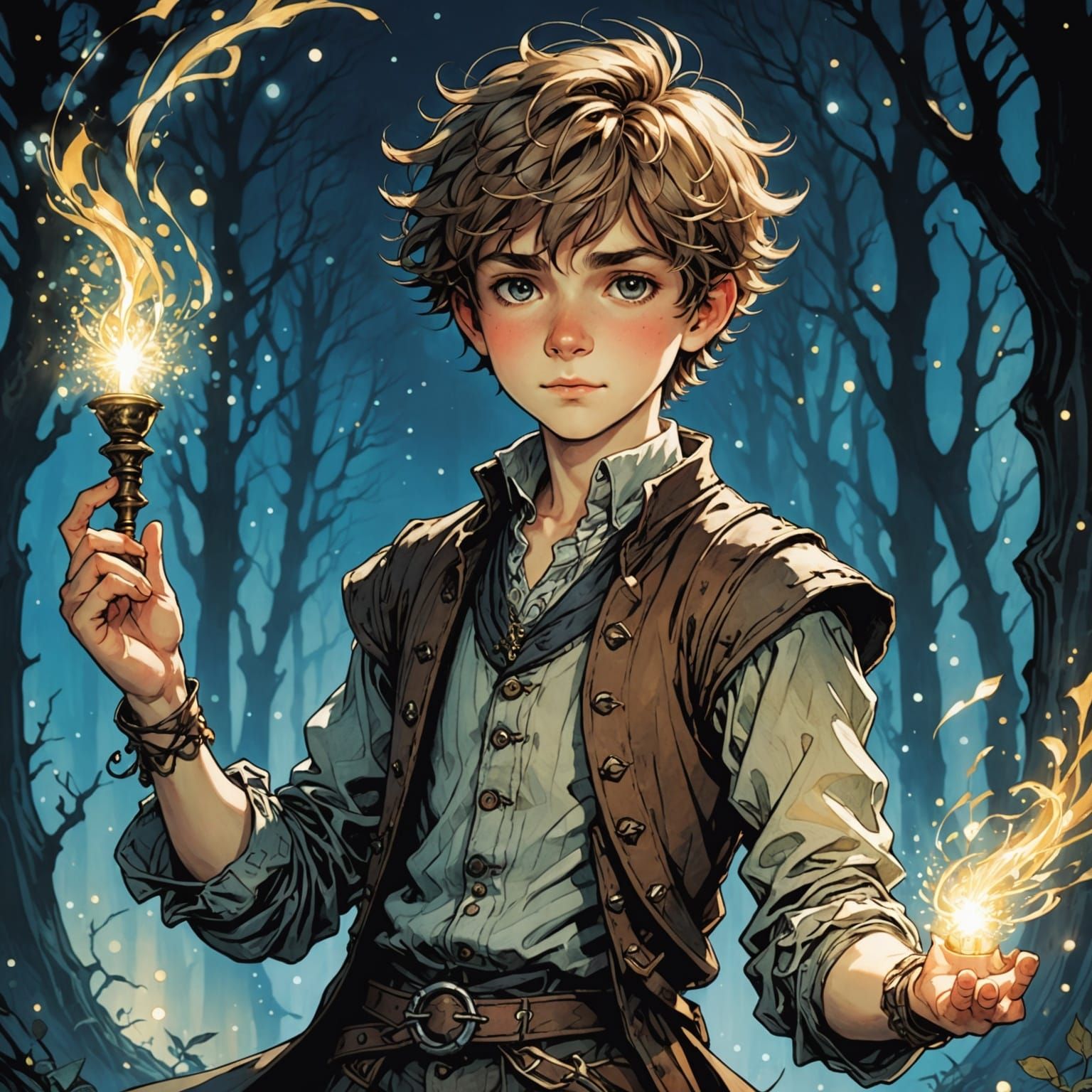 Boy Catching Sparkling Lights in Anime Style