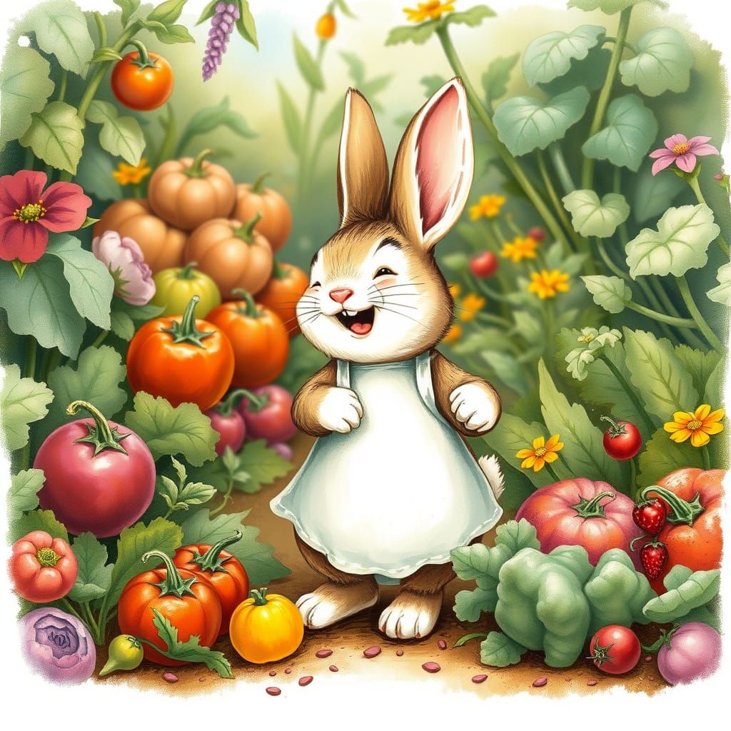 Charming Bunny in Vegetable Garden, Beatrix Potter Style