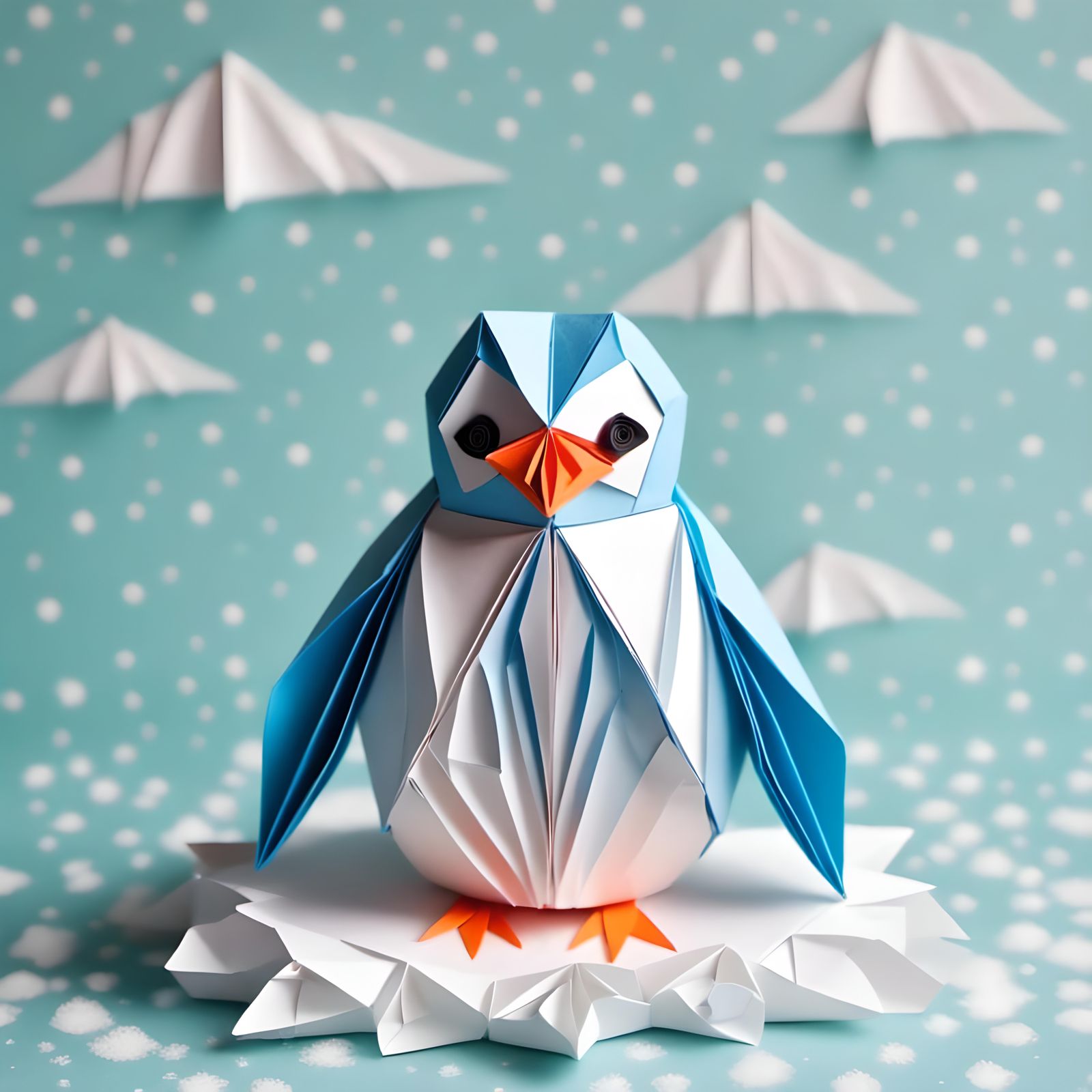 Arctic Origami Penguin in Quilled Paper 3D Collage