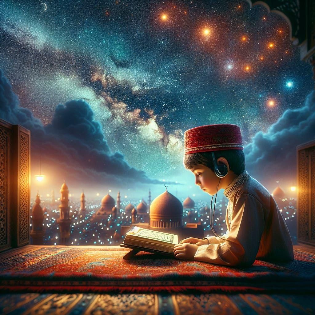 Boy Reading Quran Under Starry Sky: Digital Matte Painting