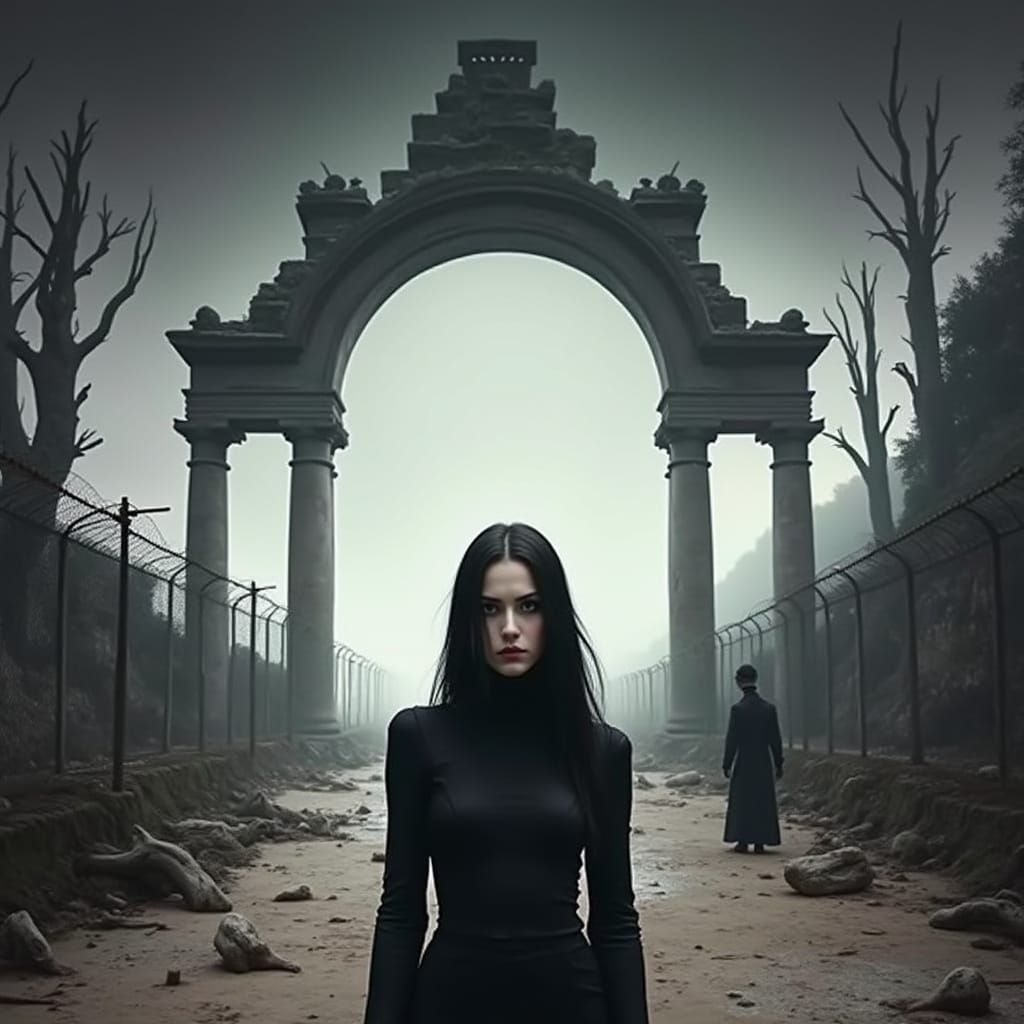 Gothic Goddess Amidst Ruins in Biomechanical Art